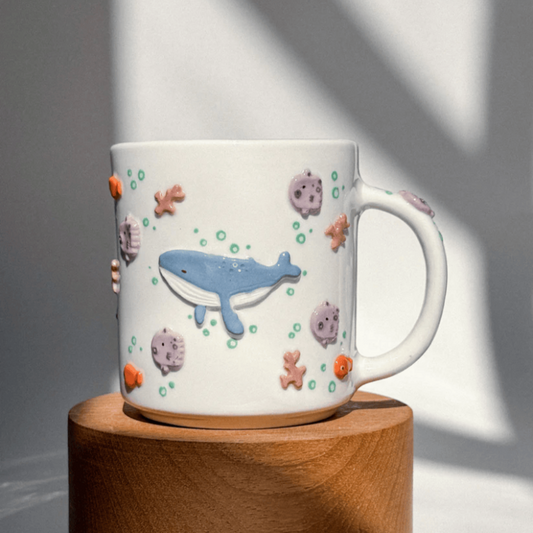 3D Handmade Humpback Whale Mug with Sea Creatures Handmade Ceramic Cup Gift
