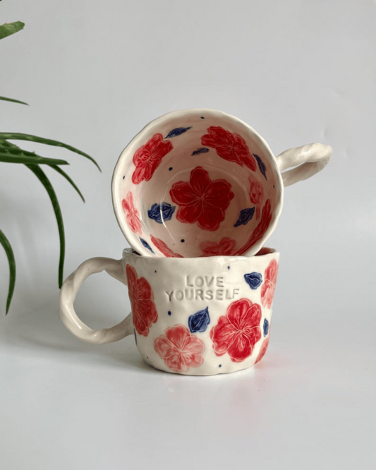 Handmade Ceramic Mug with "Love Yourself" and Red Flowers, Hand Painted Floral Ceramic Mug